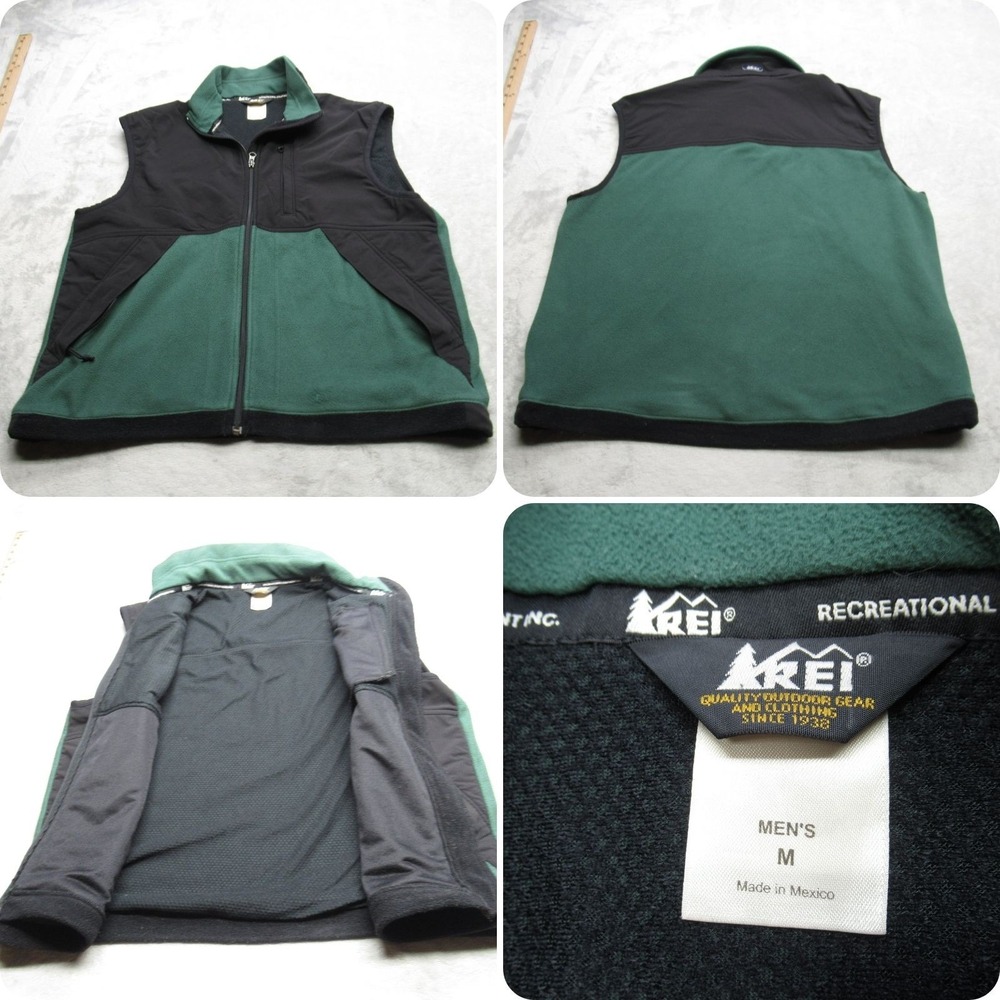 REI Vest Mens Medium Green Black Pockets Fleece Full Zip Outdoors Hiking VTG 90s